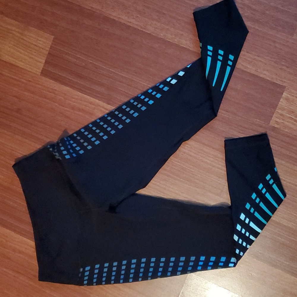 RBX Crop Leggings Black Blue & Turquoise Stripes Small